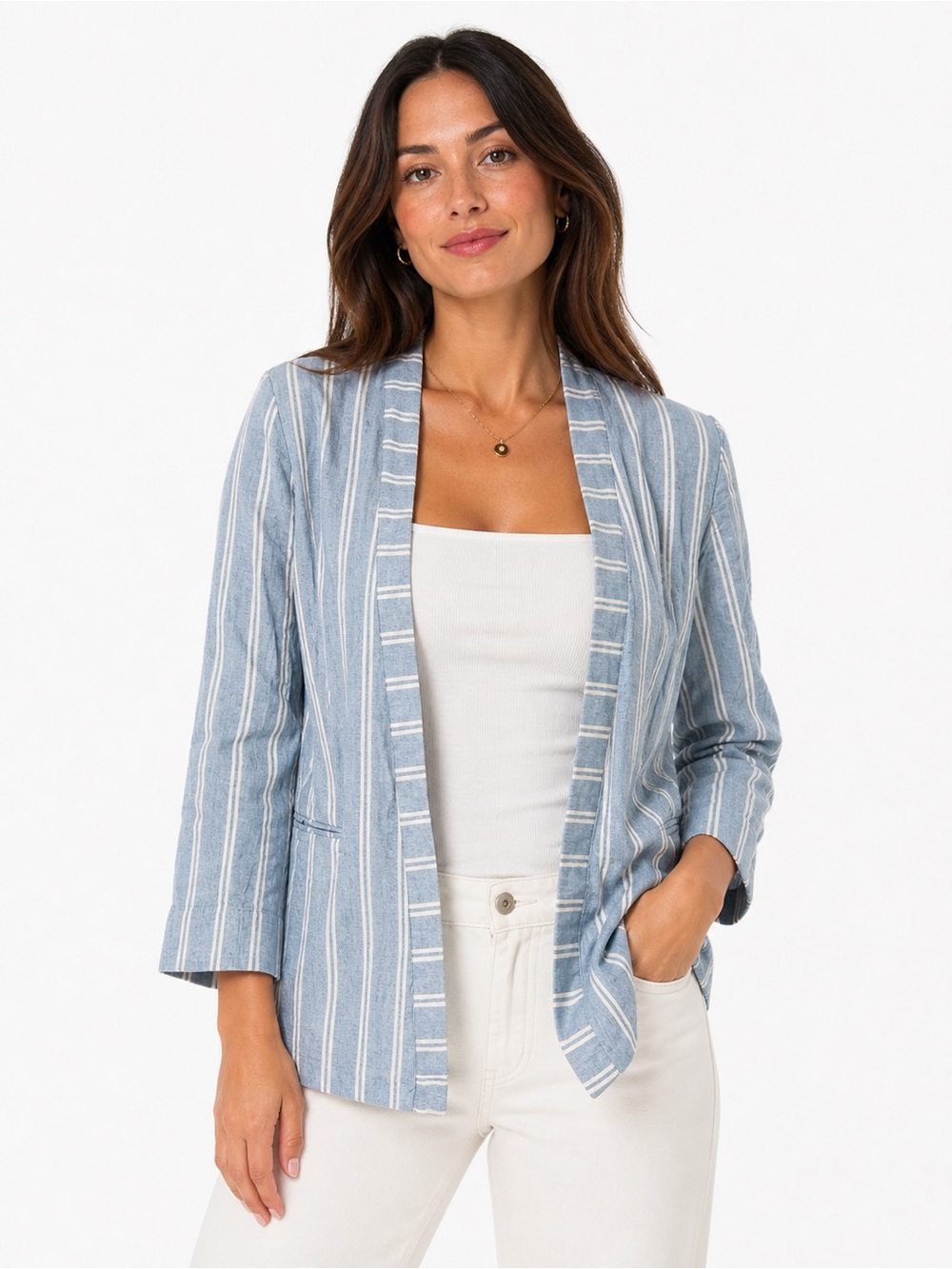 Chico's Blue and White Striped Cotton Blazer